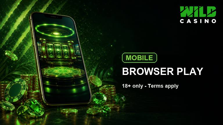 Wild Casino mobile browser lobby with green and gold casino glow